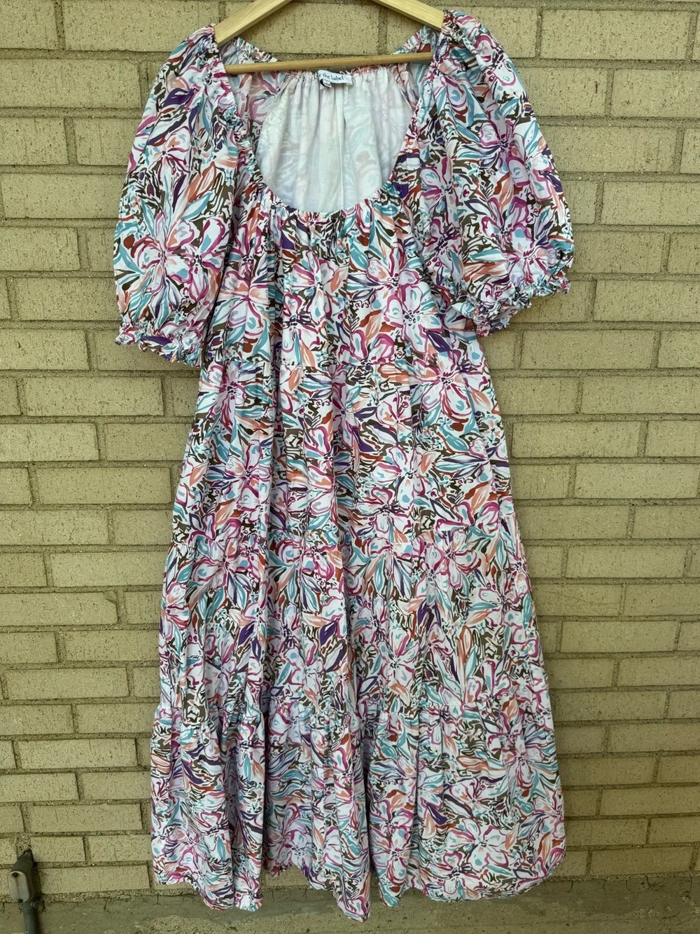 Sofie the Label Puff-Sleeve Tiered Midi Dress Pink Multi Boho Floral Large - Picture 3 of 9